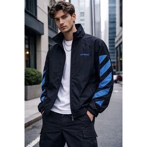 Off White‎ Windbreaker Jacket Mens M Black Blue Diagonal Virgil Abloh Styling